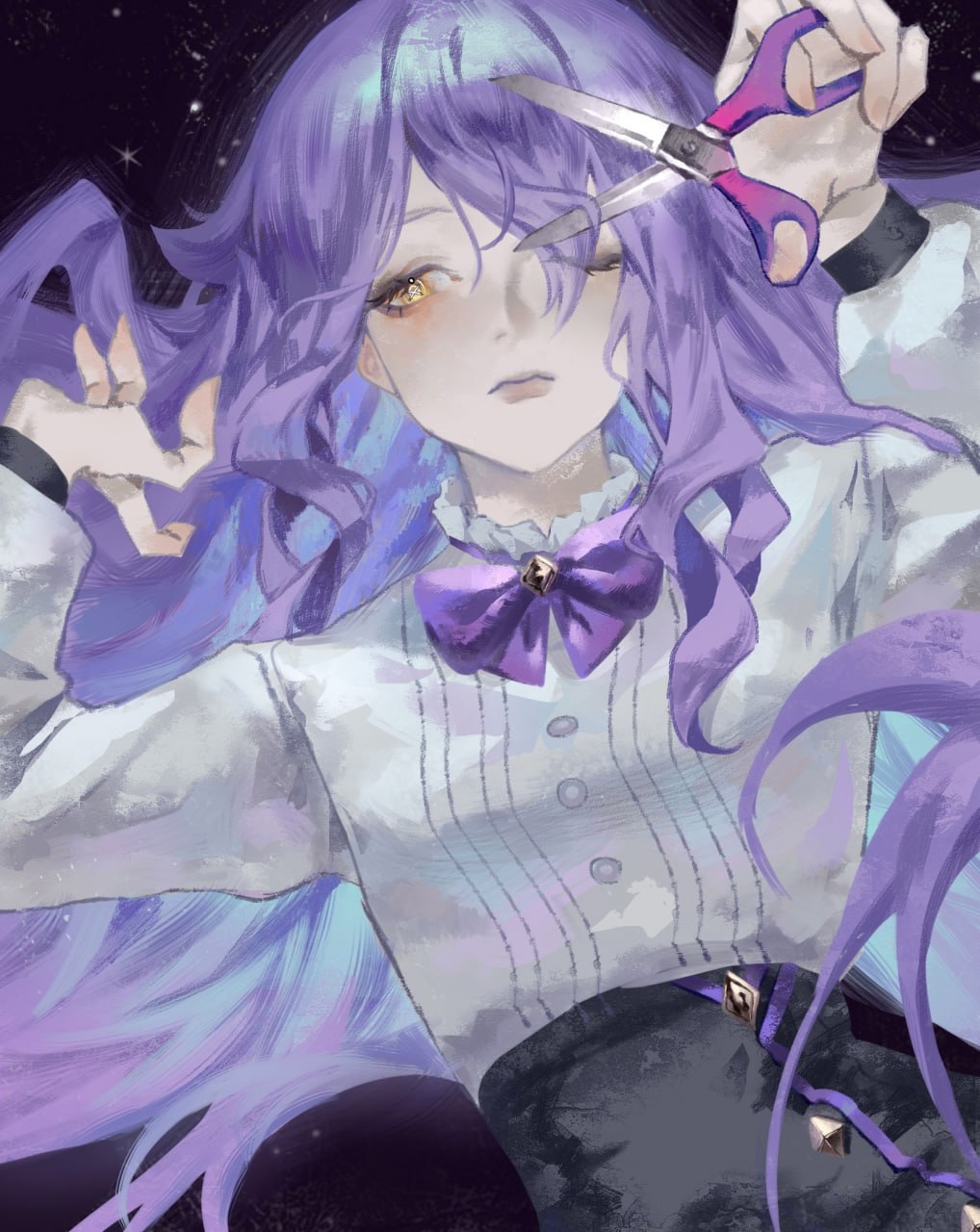 1girl bow bowtie commentary hashtag-only_commentary higan1113557 highres holding holding_scissors honkai_(series) honkai_impact_3rd long_hair long_sleeves one_eye_closed purple_bow purple_bowtie purple_hair scissors shirt sirin sirin_(magic_academy_uniform) sirin_(miracle_magical_girl) solo symbol-shaped_pupils very_long_hair white_shirt x-shaped_pupils yellow_eyes