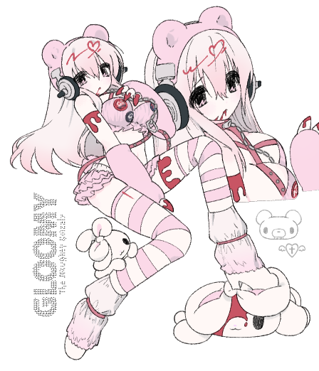 1girl animal_ears animal_hands bear_ears blood blood_on_clothes boots breasts chest_harness cleavage english_text gloomy_bear harness headphones itazuraguma_no_gloomy large_breasts looking_at_viewer multiple_views nitroplus pink_eyes pink_hair sidelocks simple_background striped_clothes striped_thighhighs super_sonico thighhighs u_emper white_background white_footwear