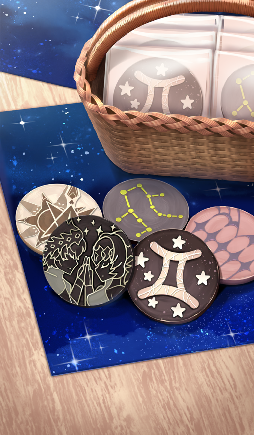 alpha_castor basket beppu_mitsunaka beta_pollux castor_(fate) commentary constellation cookie fate/grand_order fate_(series) food food_focus gemini_(constellation) gemini_(symbol) gemini_(zodiac) icing no_humans official_art pollux_(fate) sparkle star_(symbol) still_life third-party_source zodiac