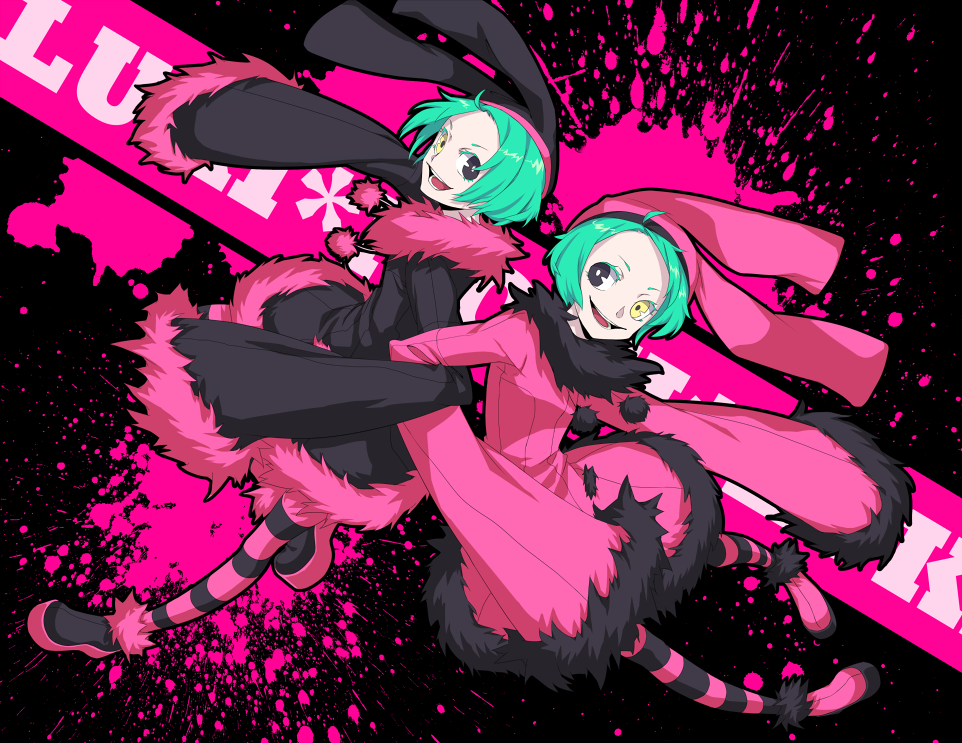 2girls 6hours_(fancycars) aqua_hair black_eyes dogs:_bullets_&amp;_carnage green_hair hat heterochromia long_sleeves luki multiple_girls noki pantyhose short_hair siblings sisters sleeves_past_wrists socks striped_clothes striped_legwear striped_pantyhose twins yellow_eyes