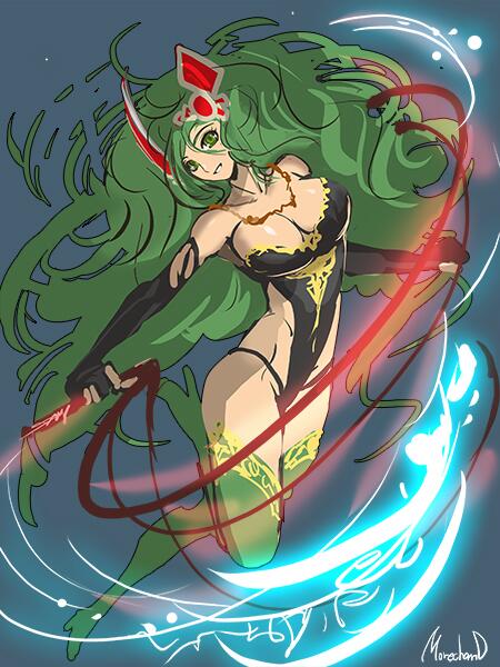 1girl aged_up breasts cleavage detached_sleeves final_fantasy final_fantasy_iv final_fantasy_iv:_the_after_years full_body gloves green_eyes green_hair green_leotard hair_ornament large_breasts leotard long_hair looking_at_viewer medium_breasts moreshan rydia_(ff4) smile solo thighhighs whip