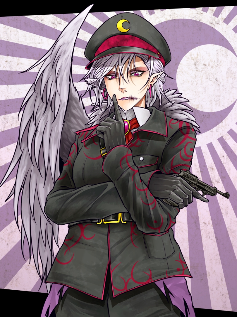 1girl ascot black_gloves black_hat black_jacket black_pants closed_mouth commentary_request cowboy_shot crescent earrings expressionless gloves gun hair_between_eyes handgun hat holding holding_gun holding_weapon jacket jewelry kishin_sagume long_sleeves looking_at_viewer military_hat military_uniform pants pink_brooch pointy_ears purple_background purple_eyes red_ascot ryuuichi_(f_dragon) shirt short_hair single_wing solo sunburst sunburst_background touhou weapon white_hair white_shirt wings