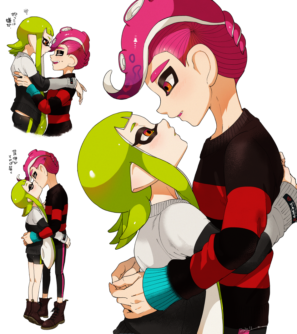1boy 1girl agent_3_(splatoon) agent_8_(splatoon) ankle_boots artist_name bike_shorts black_footwear black_shorts black_sweater blunt_bangs blush boots closed_eyes closed_mouth commentary dated fang frown green_hair hetero hug inkling inkling_girl inkling_player_character kimono_dress leggings lifting_person long_hair long_sleeves looking_at_another mohawk nintendo octoling octoling_player_character parted_lips pointy_ears red_eyes red_hair red_sweater short_hair shorts simple_background single_vertical_stripe splatoon_(series) squiggle standing striped_clothes striped_sweater suction_cups sweatdrop sweater tentacle_hair tiptoes translated white_background yeneny