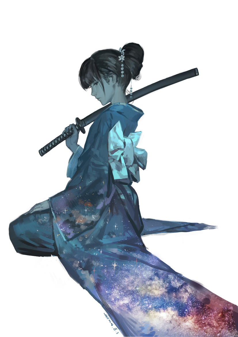 1girl black_hair remembrance_of_earth&#039;s_past galaxy hjl holding holding_sword holding_weapon looking_back over_shoulder scabbard sheath simple_background sitting solo sophon sword weapon white_background