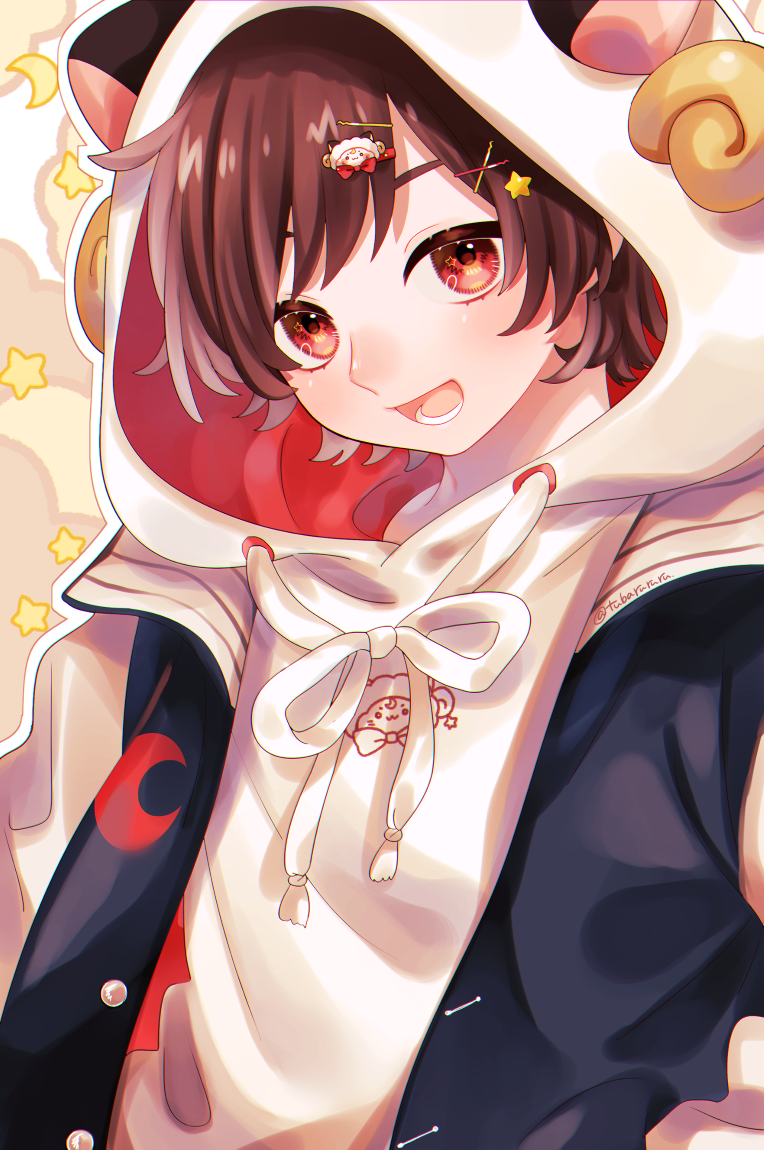 1boy amatsuki_(utaite) black_jacket brown_hair commentary_request fake_horns hair_ornament hood hood_up hoodie horns indie_utaite jacket letterman_jacket looking_at_viewer lower_teeth_only masamune_(amatsuki) open_mouth outline red_eyes sheep_hair_ornament solo star_(symbol) teeth tsubaki_tsubaru upper_body utaite white_background white_hoodie x_hair_ornament yellow_clouds