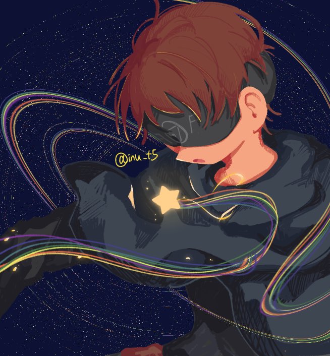 1other blind blindfold brown_hair covered_eyes eli_clark identity_v inu_t5 rainbow short_hair sky solo solo_focus star_(sky) star_(symbol) starry_sky