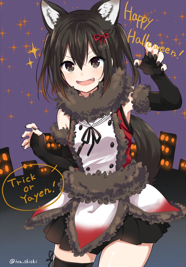 &gt;:d 1girl :d adapted_costume animal_ears black_eyes black_gloves black_hair black_nails black_skirt black_thighhighs blue_sky blush building city_lights claw_pose commentary_request cowboy_shot elbow_gloves english_text fang female_focus fingerless_gloves fur_trim gloves hair_between_eyes hair_ribbon halloween halloween_costume happy_halloween ica kantai_collection kemonomimi_mode looking_at_viewer nail_polish night open_mouth pleated_skirt red_ribbon ribbon sendai_(kancolle) sendai_kai_ni_(kancolle) short_hair single_thighhigh skirt sky smile solo standing star_(sky) starry_sky thighhighs twitter_username two_side_up v-shaped_eyebrows vest