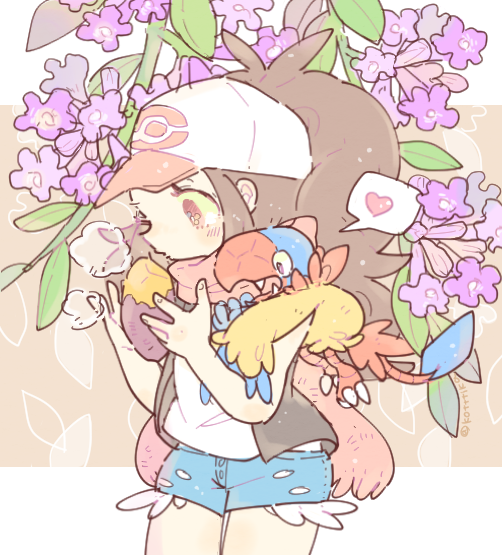 1girl antenna_hair archen baseball_cap black_vest blue_shorts brown_hair cowboy_shot cutoffs flower food gen_5_pokemon hands_up hat heart hilda_(pokemon) katiko leaf long_hair nintendo on_shoulder open_clothes open_vest pink_eyes pink_headwear pink_scarf pokemon pokemon_(creature) pokemon_bw pokemon_on_shoulder ponytail purple_flower roasted_sweet_potato scarf shorts speech_bubble spoken_heart steam sweet_potato twitter_username two-tone_headwear vest white_headwear wide_ponytail