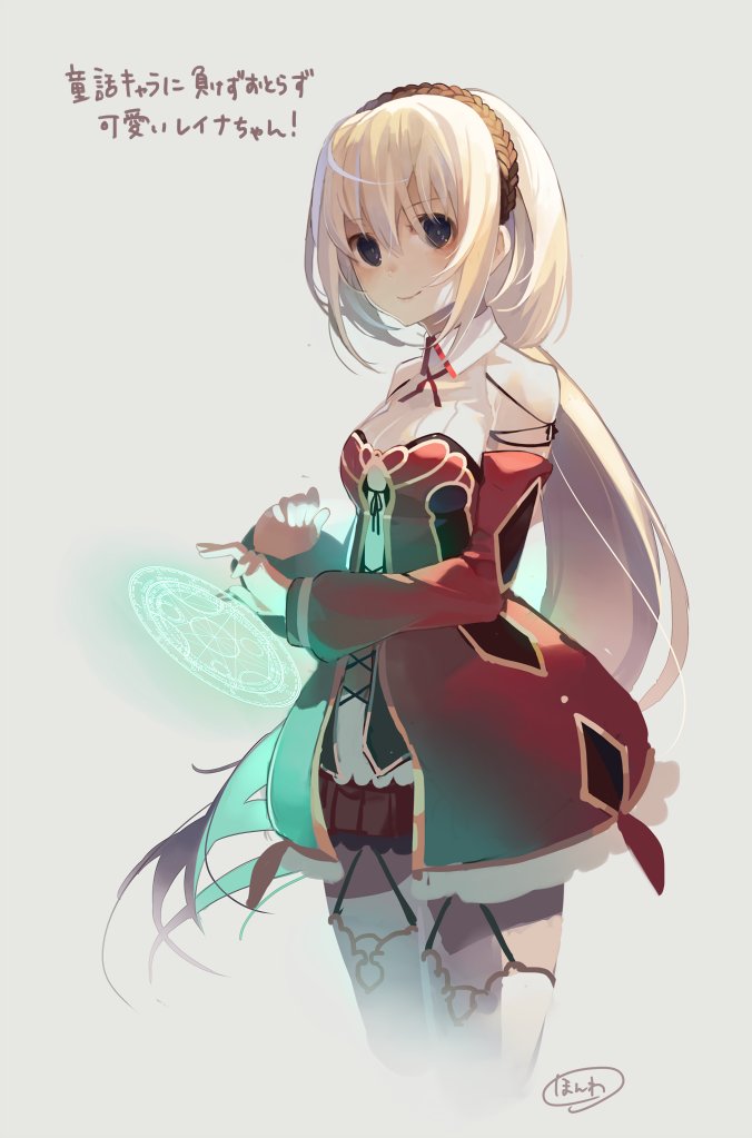 1girl artist_name cropped_legs dress female_focus garter_straps grey_background grey_eyes grimms_notes hairband light_smile long_hair long_sleeves looking_at_viewer low_ponytail magic_circle mmlu_(honwa_karesu) ponytail reina_(grimms_notes) simple_background solo text_focus thighhighs translation_request white_hair white_thighhighs