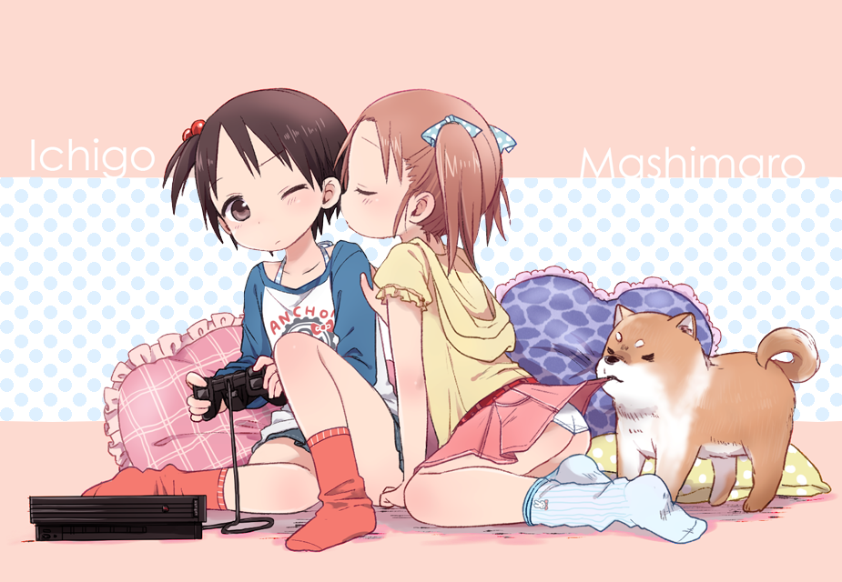 2girls 50yen_(gojiue) ass black_hair blush brown_hair casual closed_eyes collarbone controller copyright_name dog frilled_pillow frills game_console game_controller hair_bobbles hair_ornament hair_ribbon heart heart-shaped_pillow holding hood hoodie ichigo_mashimaro imminent_kiss itou_chika matsuoka_miu multiple_girls one_eye_closed panties pillow playstation_2 polka_dot raglan_sleeves ribbon satake_(ichigo_mashimaro) side_ponytail sitting skirt skirt_tug socks twintails underwear white_panties yuri