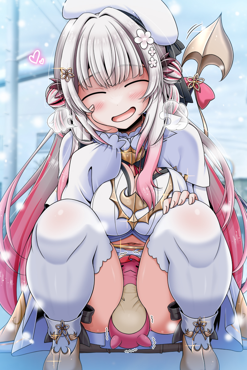 1girl beret black_horns blue_background blunt_bangs blush breasts cleavage cleavage_cutout clothing_cutout commentary_request creature demon_girl demon_tail double_bun full_body gradient_hair grey_hair hair_bun hair_intakes hand_on_own_cheek hand_on_own_face hat heart highres horns indie_virtual_youtuber kanikama_(suou_patra) large_breasts long_hair long_sleeves miso_panda multicolored_hair open_mouth pink_hair shirt shoes skirt small_horns smile snowing solo squatting suou_patra suou_patra_(11th_costume) tail thighhighs virtual_youtuber white_hat white_shirt white_shoes white_skirt white_thighhighs