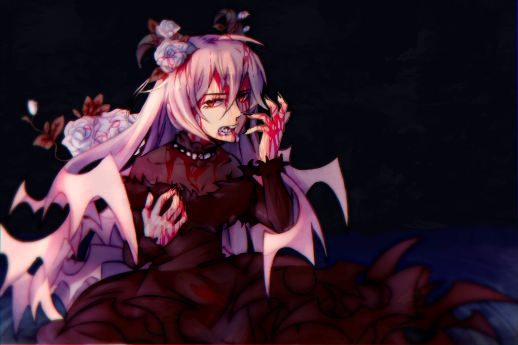 1girl black_dress blood coughing_flowers demon_girl demon_horns dress funamusea haiiro_teien horns lil_(funamusea) long_hair looking_at_viewer neee-che solo wings