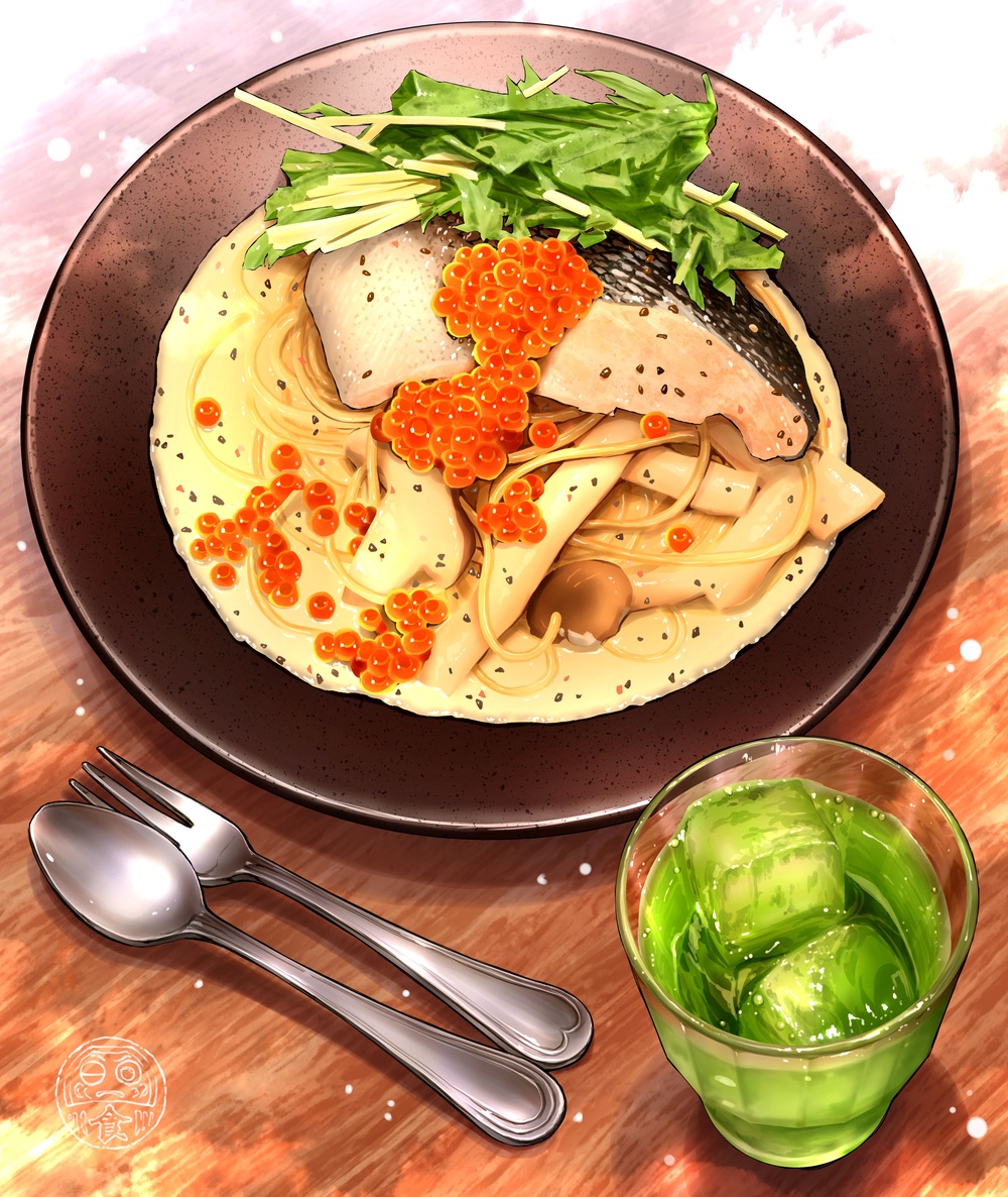 artist_logo cheese cup drinking_glass fish fish_(food) food food_focus fork ice ice_cube ikura_(food) logo mixed-language_commentary mushroom no_humans ooranokohaku original pasta plate roe spoon still_life table vegetable wooden_table