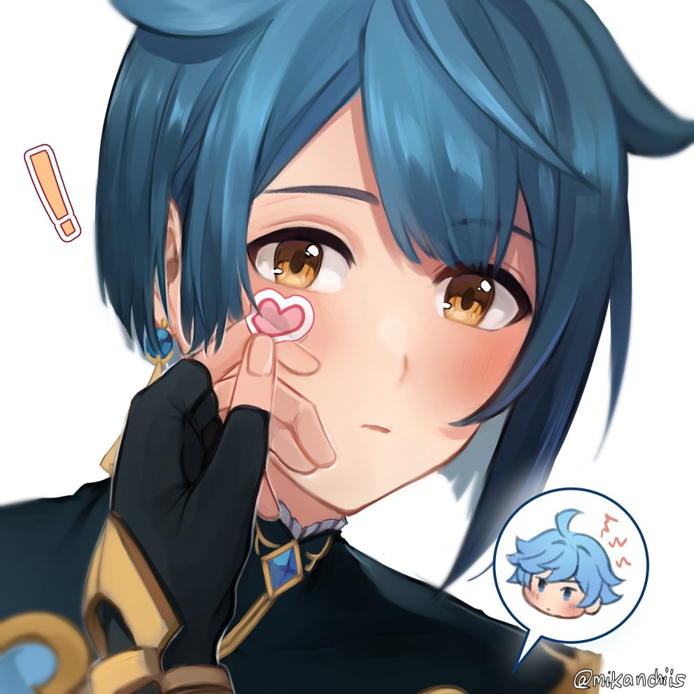 2boys black_gloves black_shirt blue_hair blush chongyun_(genshin_impact) closed_mouth earrings fingerless_gloves genshin_impact gloves hair_between_eyes jewelry male_focus mikanchii multiple_boys shirt short_hair sticker_on_face tassel tassel_earrings xingqiu_(genshin_impact) yellow_eyes
