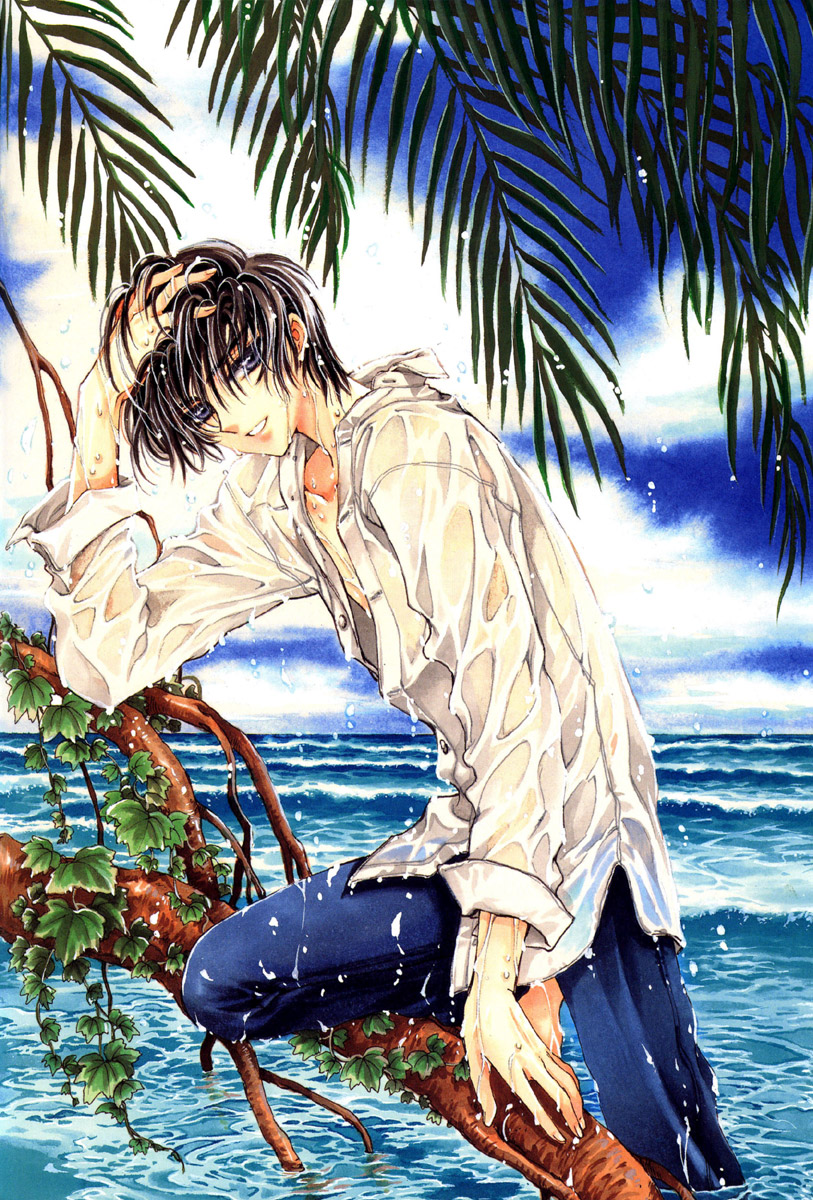 1boy black_hair blue_eyes clamp clothes highres male_focus pants purple_eyes shirou_kamui short_hair sky solo teeth water wet x