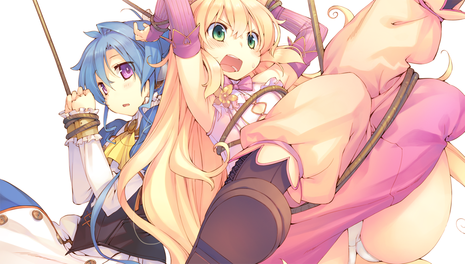 2girls aquaplus arms_up assisted_exposure bdsm blonde_hair blue_hair bondage boots bound bound_wrists bridal_gauntlets clothes_pull dress dungeon_travelers_2 erthuricia_vitor_de_ritzhevin furrowed_brow game_cg green_eyes ist kokonoka long_hair long_sleeves multiple_girls official_art open_mouth own_hands_together panties pants pants_pull purple_eyes rope sweat tangle transparent_background underwear white_panties