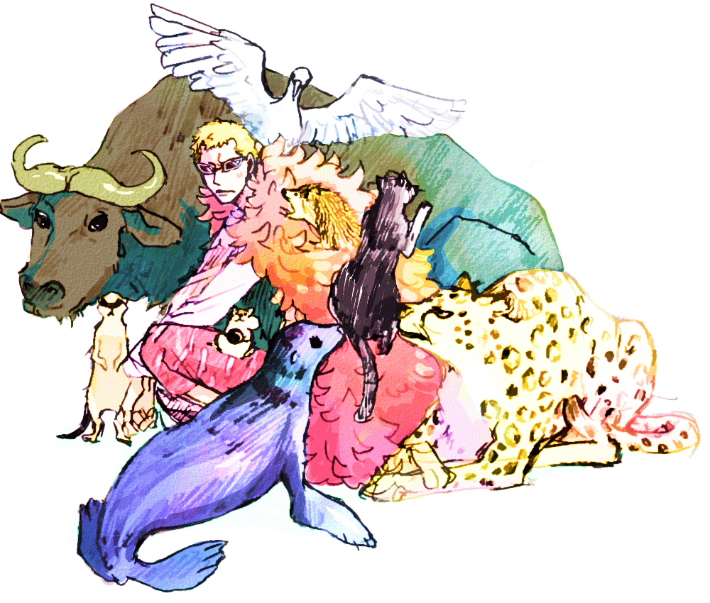 1boy bird blonde_hair buffalo capri_pants cat cheetah coat donquixote_doflamingo hamster hedgehog looking_at_viewer male_focus meerkat no05cc one_piece pants pink_coat seal_(animal) shirt short_hair simple_background sketch squatting sunglasses white_background white_shirt