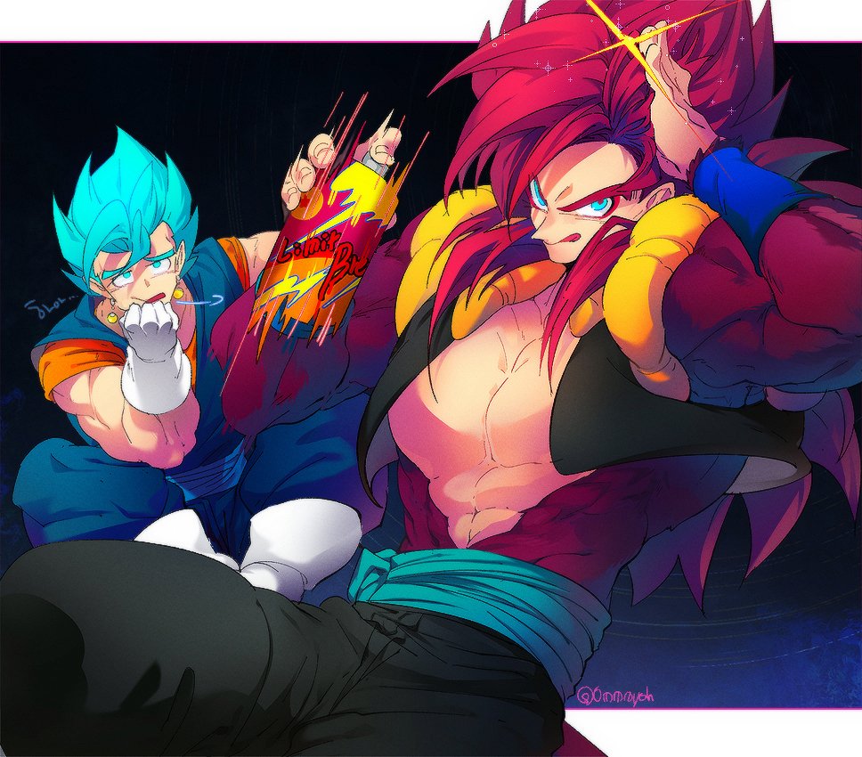 2boys blue_eyes blue_sash closed_mouth dougi dragon_ball dragon_ball_heroes dragon_ball_super earrings gloves gogeta gogeta_(xeno) jewelry long_hair male_focus metamoran_vest monkey_boy monkey_tail multiple_boys muscular muscular_male ommmyoh open_mouth pants potara_earrings red_fur saiyan sash smile spiked_hair super_full_power_saiyan_4_limit_breaker super_saiyan super_saiyan_4 super_saiyan_blue tail twitter_username vegetto