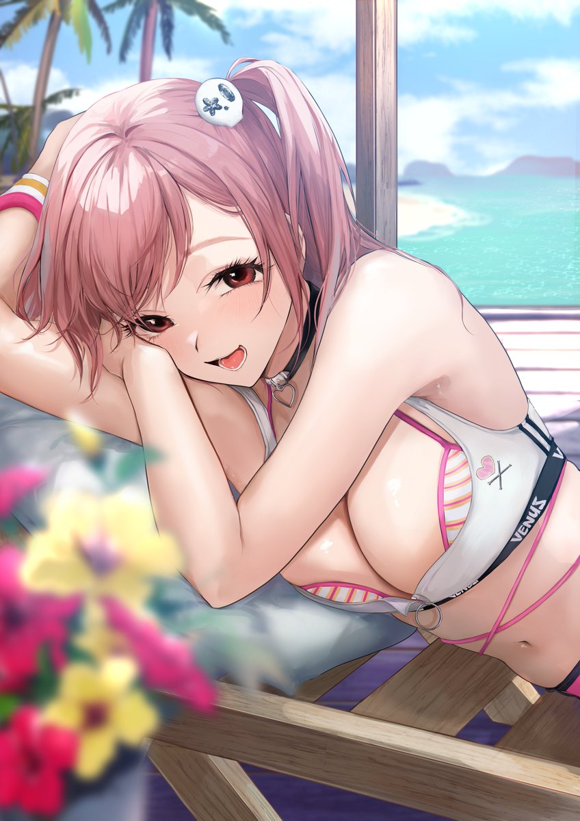 1girl akito_(d30n26) bare_shoulders beach bikini blush breasts choker cleavage dead_or_alive dead_or_alive_xtreme dead_or_alive_xtreme_venus_vacation deck_chair flower hair_ornament heart heart_choker honoka_(doa) large_breasts long_hair looking_at_viewer lying navel ocean official_art one_side_up open_mouth palm_tree pink_hair red_eyes second-party_source skull_hair_ornament smile solo swimsuit tree venus_vacation_prism:_dead_or_alive_xtreme