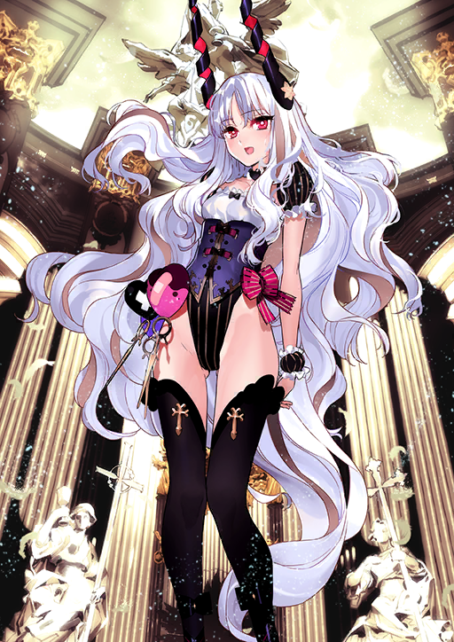 1girl :d arms_at_sides arms_behind_back black_horns black_sleeves black_thighhighs black_wrist_cuffs bow breasts bright_pupils caren_hortensia caren_hortensia_(amor_caren) caren_hortensia_(amor_caren)_(third_ascension) corset detached_collar detached_sleeves fate/grand_order fate_(series) feet_out_of_frame floating_hair frilled_sleeves frilled_wrist_cuffs frills game_cg gluteal_fold groin highleg highleg_leotard horns leotard long_hair looking_at_viewer morii_shizuki multicolored_hair official_art open_mouth parted_bangs pink_bow pink_eyes puffy_short_sleeves puffy_sleeves purple_corset short_sleeves small_breasts smile solo standing strapless streaked_hair thighhighs third-party_source variant_set very_long_hair white_hair white_pupils wrist_cuffs
