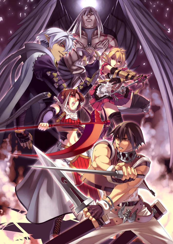 2girls 3boys armor armored_dress belt black_hair black_legwear blonde_hair brown_hair dress dual_wielding earth_(spectral) earth_(spectral_force) gloves hirano_katsuyuki hiro_(spectral_force) holding jadou jadou_(spectral_force) multiple_boys multiple_girls official_art pants red_eyes roze roze_(spectral_souls) scythe short_hair skirt spectral_(series) spectral_force spectral_souls spectral_vs_generation sword thighhighs weapon wells_(spectral) wells_(spectral_force) white_hair