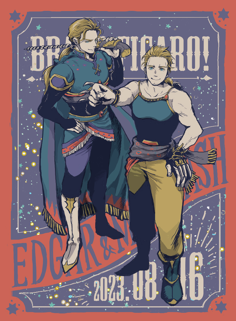 2boys armor bare_shoulders black_shirt black_shoes blonde_hair blue_cape blue_eyes blue_tank_top boots brass_knuckles brothers cape character_name dated drill edgar_roni_figaro english_text facial_hair final_fantasy final_fantasy_vi hair_ribbon hand_on_own_hip holding holding_power_drill long_hair looking_at_viewer low_ponytail male_focus multi-tied_hair multiple_boys over_shoulder pants ponytail ribbon sabin_rene_figaro sash shirt shoes siblings sleeves_past_wrists smile standing stubble tank_top tassel-trimmed_cape twins uedymummy0921 waist_sash weapon weapon_over_shoulder white_boots yellow_pants