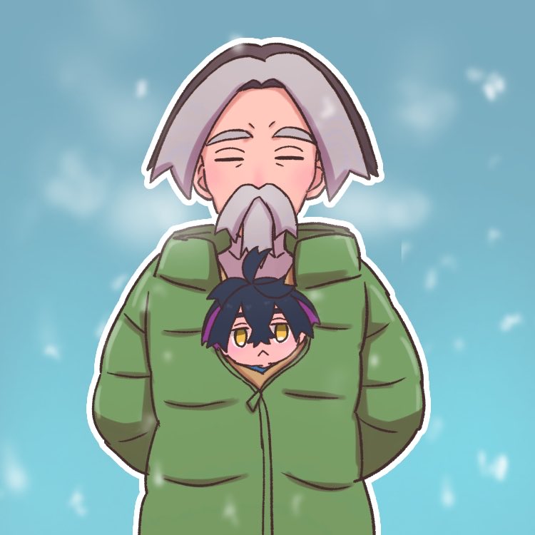 2boys :&lt; ahoge alternate_costume beard black_hair closed_eyes closed_mouth coat commentary_request crossed_bangs facial_hair facing_viewer game_freak grandfather_and_grandson green_coat grey_hair hair_between_eyes kieran_(pokemon) male_focus mini_person miniboy multicolored_hair multiple_boys mustache nintendo outline pokemon pokemon_sv purple_hair riko_(m_momomo28) short_hair snowing two-tone_hair yellow_eyes yukito_(pokemon) zipper_pull_tab