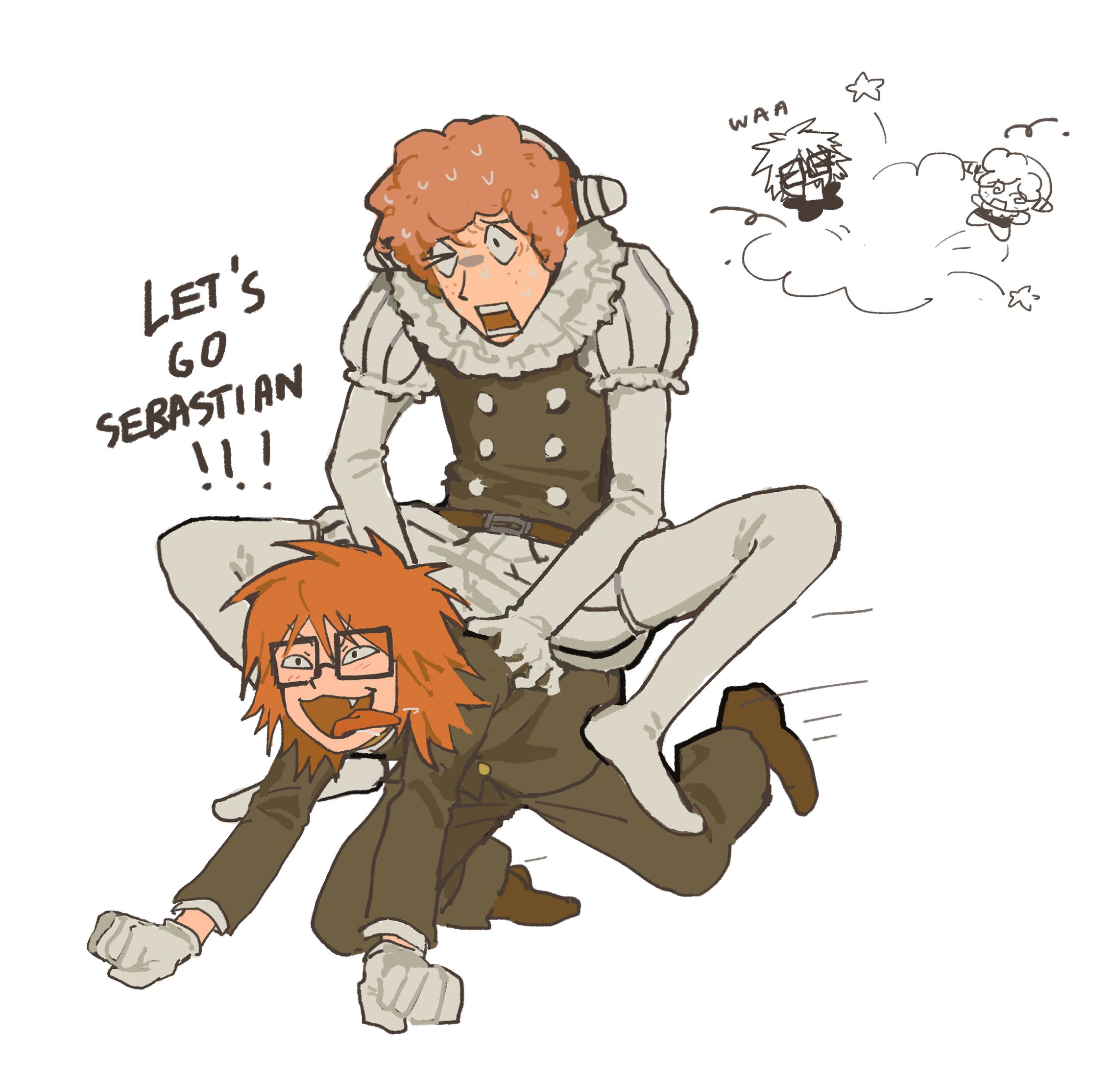 2boys 97ttwwaazz all_fours clown commentary english_commentary english_text fang freckles full_body glasses highres horseback_riding male_focus multiple_boys orange_hair randal's_friends randal_ivory riding running sebastian_de_tomato_smith_chicken_legs short_hair simple_background sweat tongue tongue_out white_background