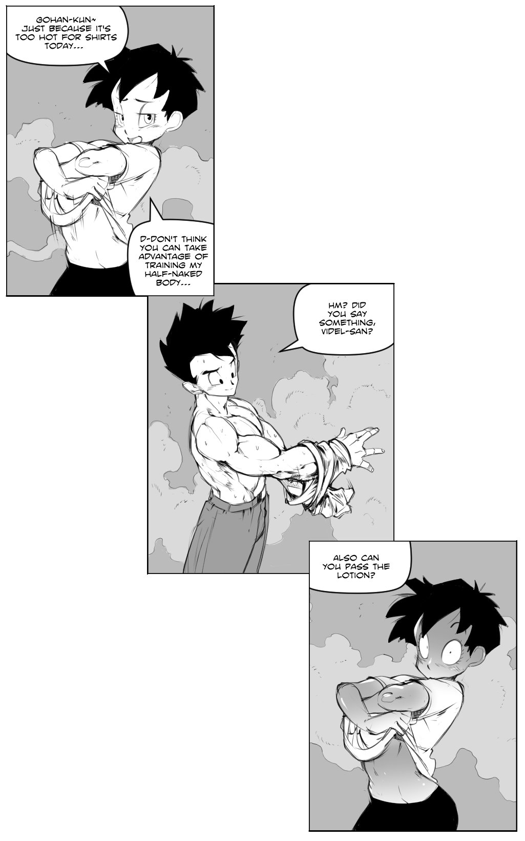 1boy 1girl black_hair blush couple dragon_ball embarrassed english_text happy muscular muscular_male short_hair smile son_gohan speech_bubble surprised sweat undressing videl