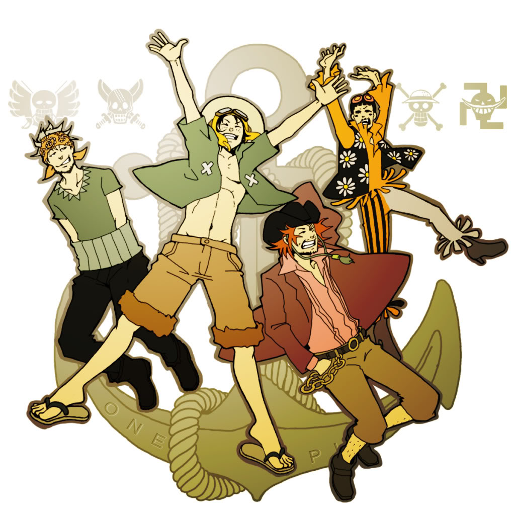 anchor belt blonde_hair bon_clay brook_(one_piece)_(cosplay) cosplay eyewear_on_head goggles haramaki hat jolly_roger male_focus marco_(one_piece) monkey_d._luffy one_piece one_piece:_strong_world open_clothes open_shirt pirate red_hair roronoa_zoro_(cosplay) sandals sanji_(one_piece)_(cosplay) shanks_(one_piece) shirt shorts stampede_string straw_hat sunglasses v-neck