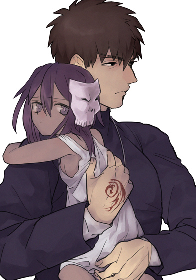 1boy 1girl assassin_(fate/zero) bad_id bad_pixiv_id brown_hair child child_assassin_(fate/zero) command_spell dark_skin fate/zero fate_(series) kotomine_kirei mask purple_eyes purple_hair pypyxx short_hair