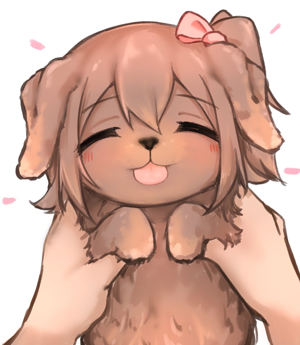 animal animal_ears animal_focus animalization blush bow brown_dog closed_eyes commission dog facing_viewer hair_between_eyes happy holding holding_animal holding_dog idolmaster idolmaster_million_live! jinoyou kasuga_mirai medium_hair pink_bow pixiv_commission pov puppy side_ponytail sidelocks tongue upper_body white_background