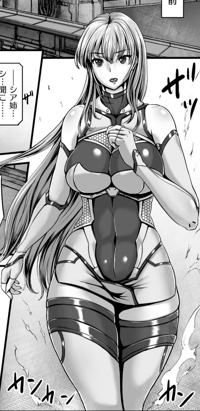 bodysuit breasts cleavage_cutout clothing_cutout detached_sleeves greyscale highres large_breasts long_hair minidress monochrome science_fiction thighhighs third-party_edit yuyu_(1bit)