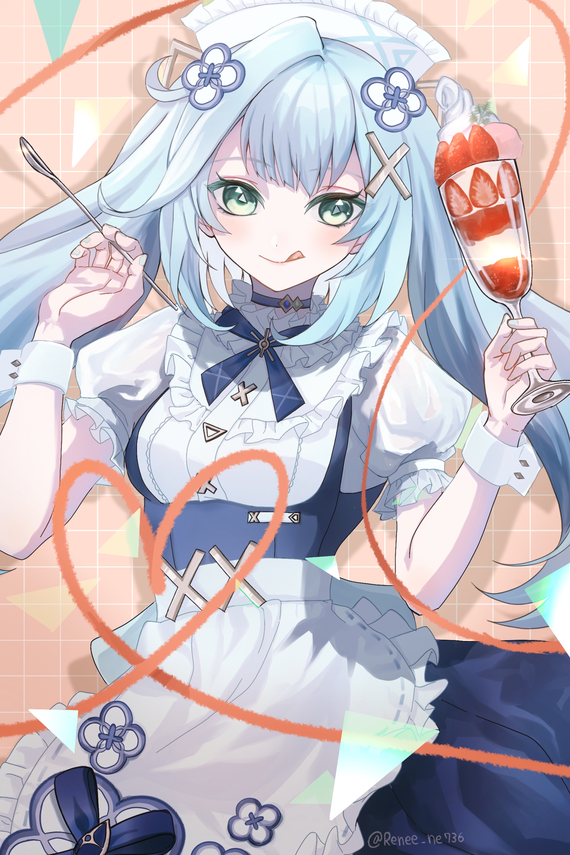 1girl :q absurdres apron aqua_hair aqua_nails blue_dress breasts commentary cup dress faruzan_(genshin_cafe_in_seoul)_(genshin_impact) faruzan_(genshin_impact) fingernails food fruit genshin_impact green_eyes hair_ornament heart highres holding holding_cup holding_spoon light_blush long_hair looking_at_viewer maid_headdress medium_breasts nail_polish official_alternate_costume parfait renee_(renee_illust) smile solo spoon strawberry symbol-shaped_pupils tongue tongue_out triangle-shaped_pupils twintails twitter_username upper_body very_long_hair waist_apron whipped_cream white_apron white_sleeves x_hair_ornament