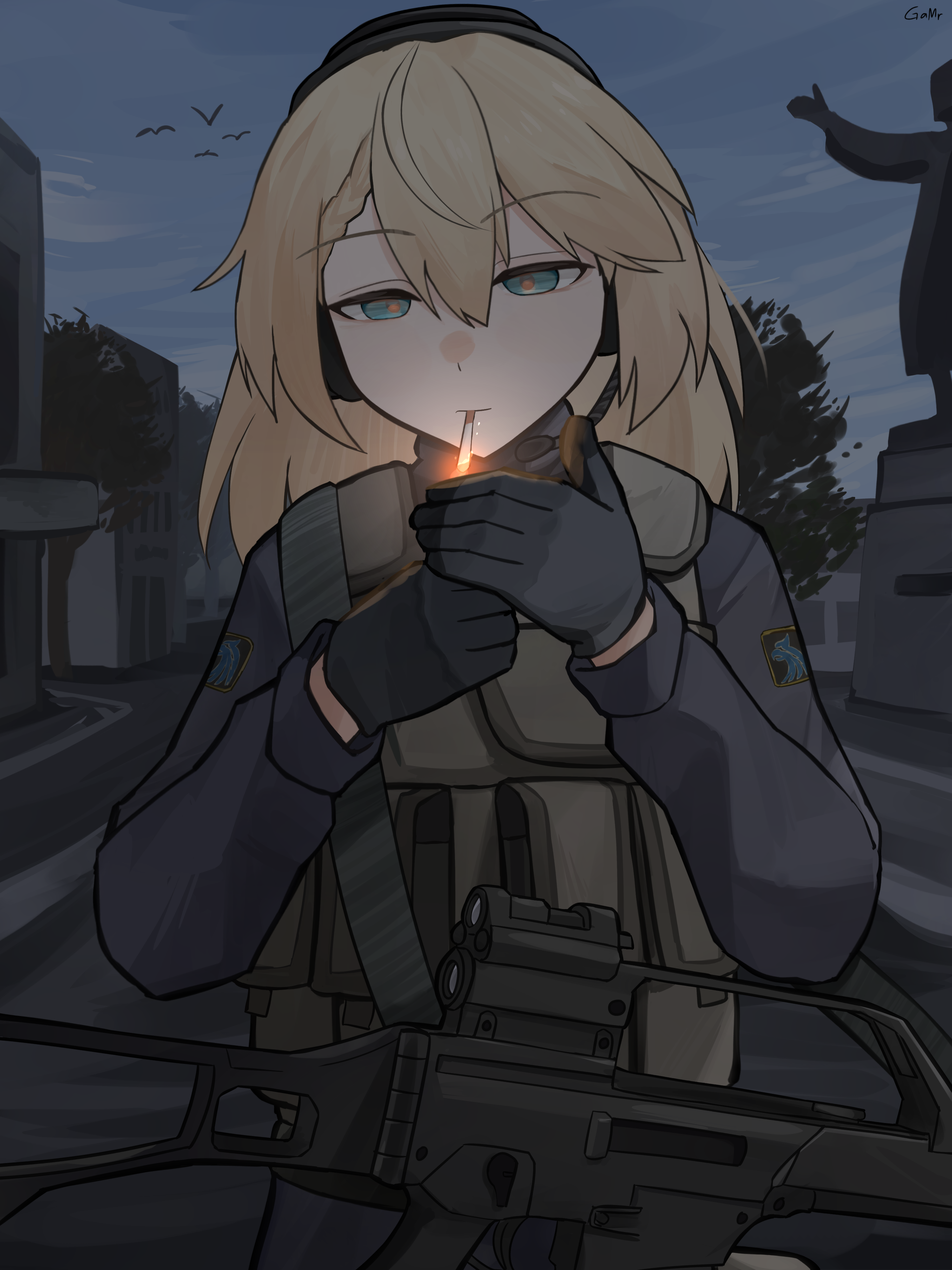 1girl absurdres assault_rifle bird black_gloves blonde_hair blue_eyes braid braided_bangs building bulletproof_vest cigarette g36_(girls'_frontline) gamryous girls'_frontline gloves green_pants grey_shirt gun gun_sling h&k_g36 highres lighting_cigarette long_hair long_sleeves mercenary optical_sight outdoors pants reflex_sight rifle shirt single_braid smoking solo stalker_(game) statue variant_set vladimir_lenin weapon