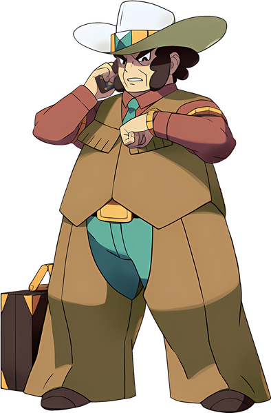 1boy belt belt_buckle briefcase brown_hair brown_shirt brown_shoes brown_vest buckle chaps clay_(pokemon) collared_shirt cowboy_hat frown full_body green_necktie green_pants hat holding long_sleeves looking_down male_focus necktie nintendo official_art oomura_yuusuke pants parted_lips pokemon pokemon_bw shirt shoes short_hair solo standing transparent_background vest watch white_hat wristwatch