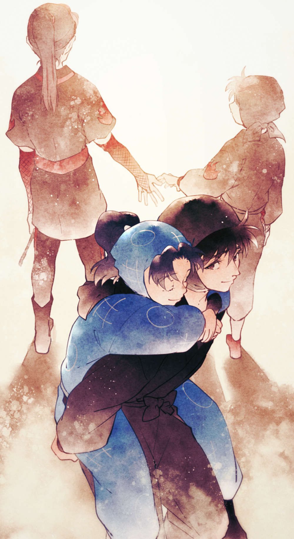 4boys age_comparison black_footwear black_hair black_pants blue_headwear blue_pants boots bridal_gauntlets carrying character_request child closed_eyes doi_hansuke dossei dual_persona fishnet_bridal_gauntlets fishnets flame_print highres holding_hands hood hood_up imminent_hand_holding japanese_clothes kimono long_hair long_sleeves male_focus multiple_boys ninja pants piggyback ponytail rakudai_ninja_rantarou reaching red_footwear remembering sash settsuno_kirimaru shadow short_kimono short_sleeves smile
