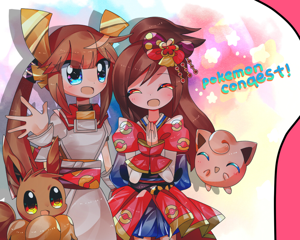 armor blue_eyes brown_hair closed_eyes creatures_(company) eevee english_text game_freak gen_1_pokemon hair_ornament hair_ribbon heroine_(pokemon_conquest) japanese_clothes jigglypuff kimono nintendo obi oichi oichi_(pokemon_conquest) oichi_(sengoku_musou) own_hands_clasped poke_ball_print pokemon pokemon_conquest ponytail ribbon sash sengoku_musou smile waving