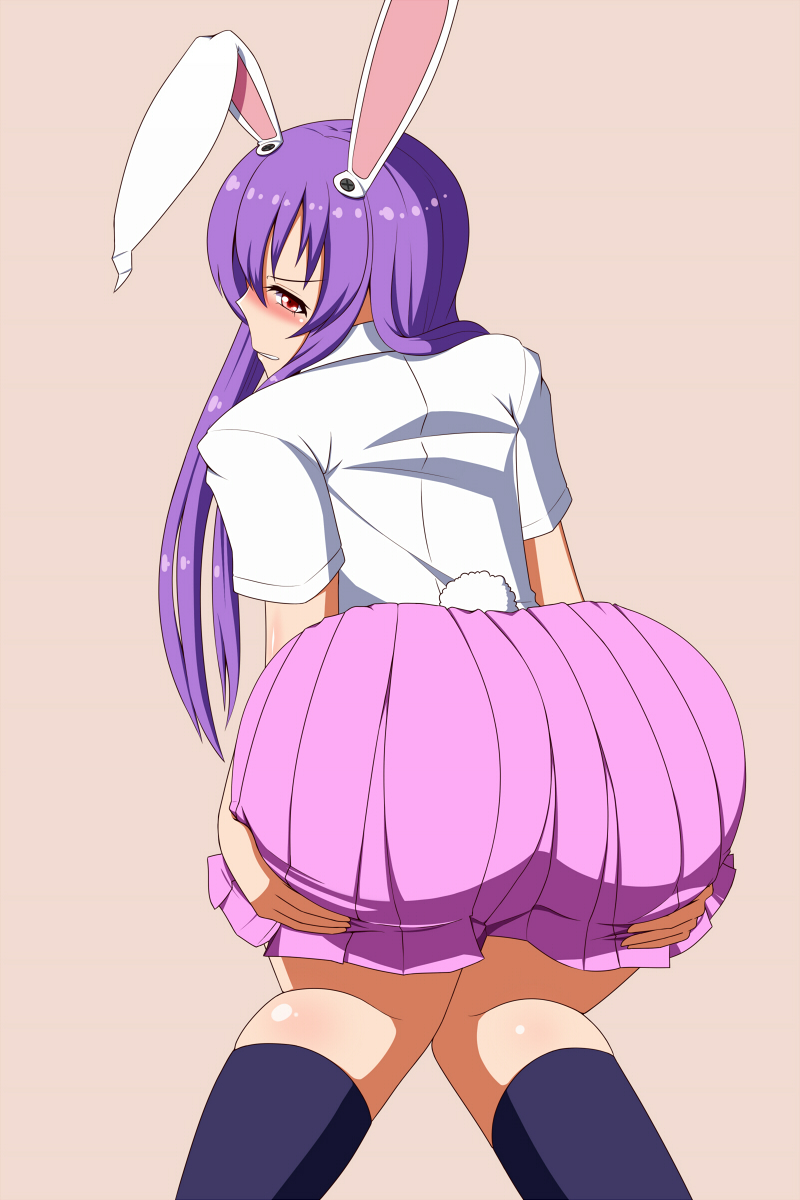 1girl animal_ears ass blush female_focus from_behind frown highres lactone long_hair looking_at_viewer looking_back purple_hair rabbit_ears rabbit_tail red_eyes reisen_udongein_inaba shiny_skin skirt solo tail touhou