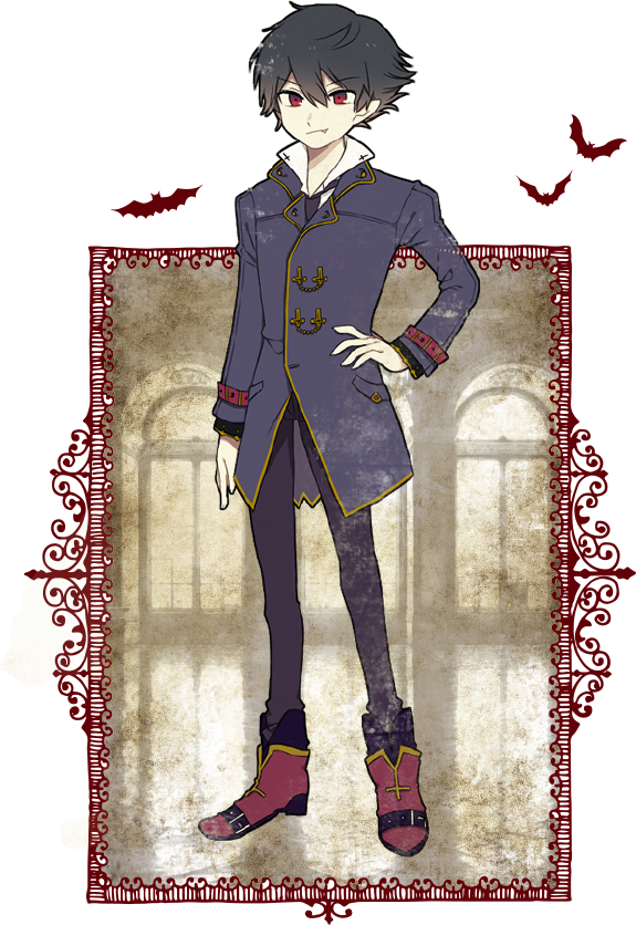 1boy arne_neuntote arne_no_jikenbo bat_(animal) black_hair border closed_mouth coat commentary english_commentary fang full_body hair_between_eyes hand_on_own_hip male_focus official_art ornate_border outside_border pale_skin red_eyes red_footwear short_hair smile smirk vampire