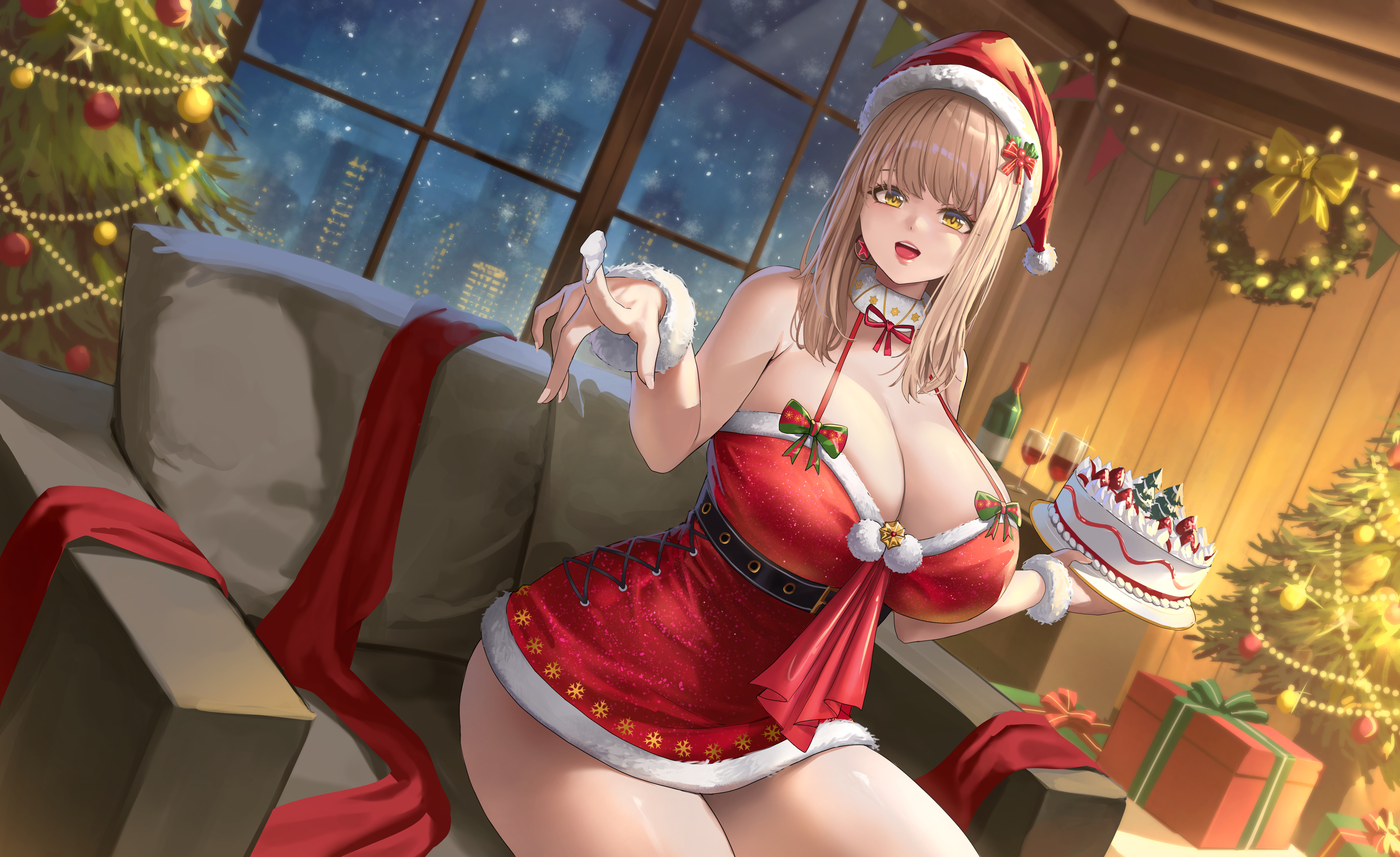 1girl absurdres alcohol belt black_belt bottle box breasts brown_hair cake christmas christmas_cake christmas_lights christmas_ornaments christmas_present christmas_tree cleavage couch cup dress drinking_glass earrings emma_(nikke) food fur-trimmed_dress fur-trimmed_headwear fur-trimmed_wrist_cuffs fur_trim gift gift_box goddess_of_victory:_nikke hair_ornament hat highres holding holding_food holly_hair_ornament huge_breasts indoors jewelry long_hair looking_at_viewer night night_sky on_couch phusit red_dress red_wine santa_costume santa_dress santa_hat short_dress sitting sky smile snow snowing solo teeth thighs tongue upper_teeth_only window wine wine_bottle wine_glass yellow_eyes