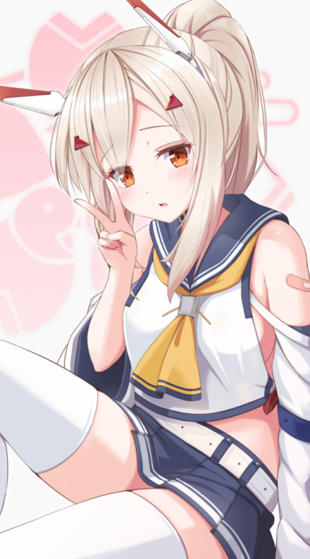1girl ayanami_(azur_lane) ayanami_(retrofit)_(azur_lane) azur_lane bandaid bare_shoulders belt blue_sailor_collar blue_skirt blush breasts brown_hair cherry_blossoms commentary_request crop_top detached_sleeves female_focus hair_ornament hand_up headgear knee_up long_hair long_sleeves looking_at_viewer midriff miniskirt neckerchief parted_lips pleated_skirt ponytail red_eyes remodel_(azur_lane) risemu_(c_liesem) sailor_collar school_uniform serafuku shirt sidelocks sitting skirt small_breasts solo thighhighs v white_background white_shirt white_thighhighs wide_sleeves yellow_neckerchief zettai_ryouiki