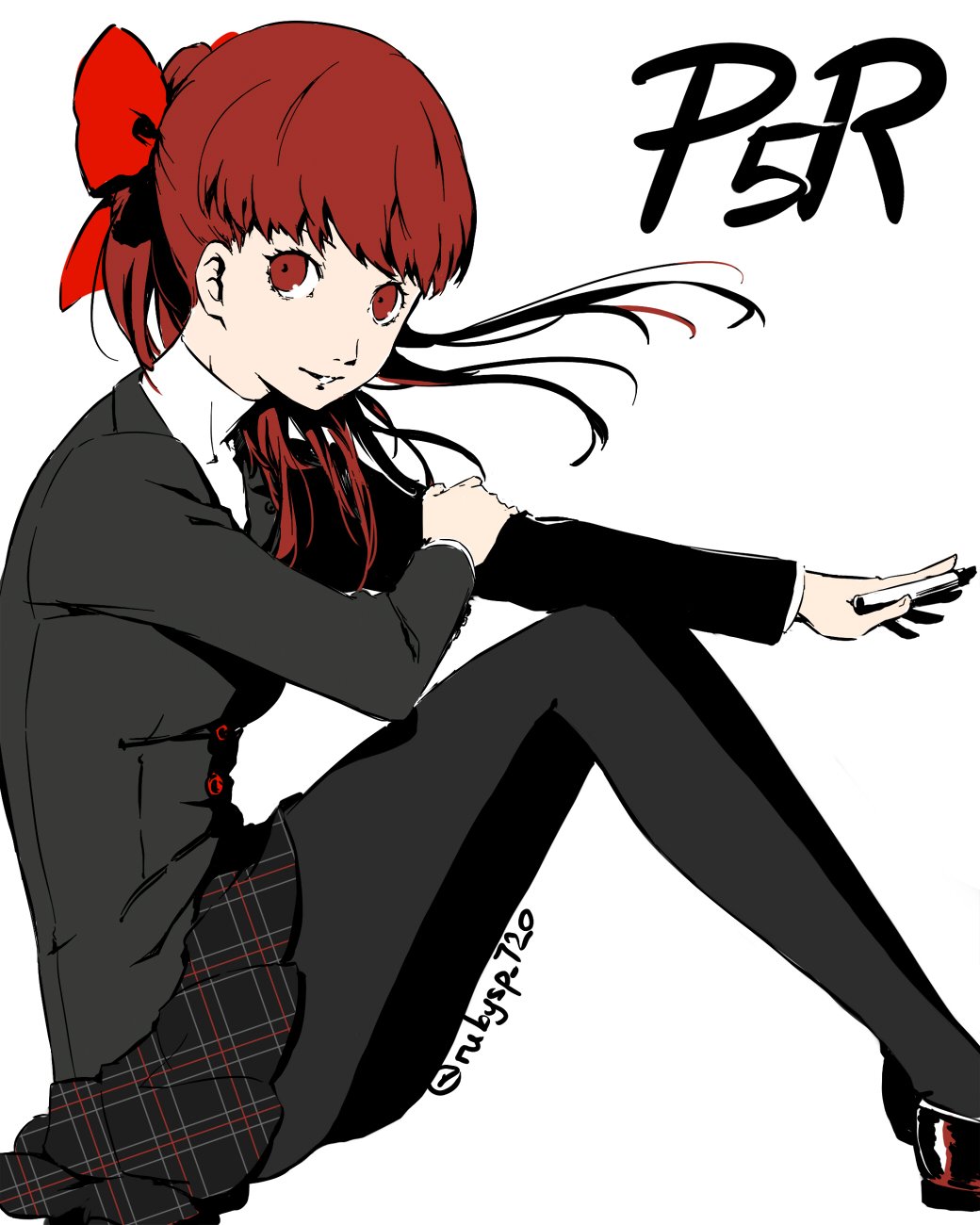 1girl black_jacket black_pantyhose bow copyright_name female_focus hair_bow highres jacket long_hair looking_at_viewer official_style pantyhose parted_lips persona persona_5 persona_5_the_royal pleated_skirt ponytail red_hair rubysp_720 school_uniform shuujin_academy_school_uniform simple_background sitting skirt smile soejima_shigenori_(style) solo twitter_username unmoving_pattern white_background yoshizawa_kasumi