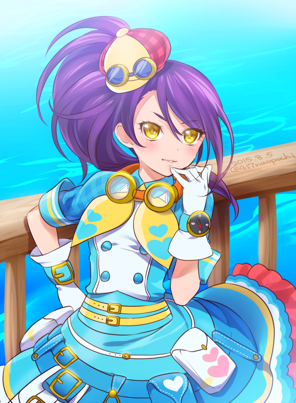 0417nao arm_up bag beret blue_dress bra cowboy_shot dated dress elbow_gloves gloves goggles goggles_around_neck hand_on_own_face hat idol_clothes looking_at_viewer ocean parted_lips pretty_series pripara purple_hair short_sleeves side_ponytail twitter_username underwear watch white_gloves wristwatch yellow_bra