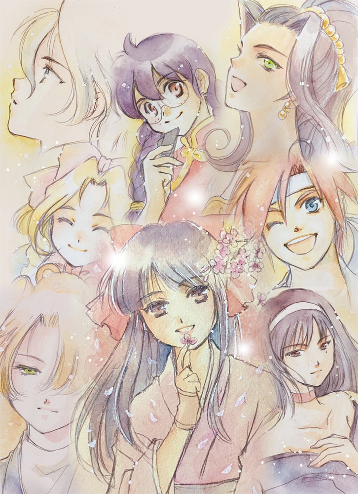 6+girls black_hair blonde_hair blue_eyes blue_hair bow braid breasts brown_eyes brown_hair bunching_hair cherry_blossoms chinese_clothes clenched_hand dress fingerless_gloves freckles glasses gloves grey_hair hair_over_one_eye hair_ribbon hairband iris_chateaubriand japanese_clothes kanzaki_sumire kirishima_kanna long_hair long_skirt looking_at_viewer maria_tachibana medium_breasts multiple_girls one_eye_closed open_mouth orange_hair purple_eyes purple_hair red_bow reni_milchstrasse ri_kouran ribbon sakura_taisen sega shinguuji_sakura short_hair skirt small smile soletta_orihime teeth tongue traditional_media twin_braids wink