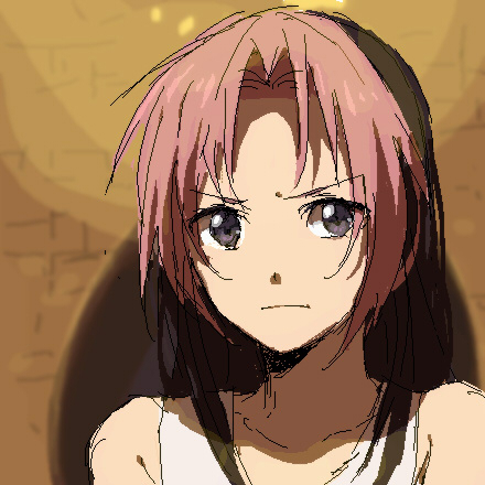 1girl bare_shoulders black_hair colored_bangs female_focus fullmetal_alchemist long_hair looking_at_viewer lowres multicolored_hair pink_hair purple_eyes riru rose_tomas shirt solo two-tone_hair white_shirt