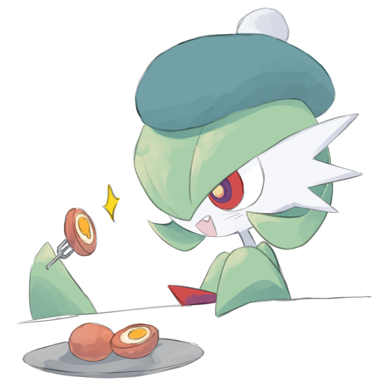 bob_cut colored_skin dmt_(auburn) fang food fork gardevoir gen_3_pokemon green_hair green_skin hair_over_one_eye hat holding holding_fork multicolored_skin nintendo open_mouth plate pokemon pokemon_(creature) red_eyes simple_background sparkle two-tone_skin white_background white_skin
