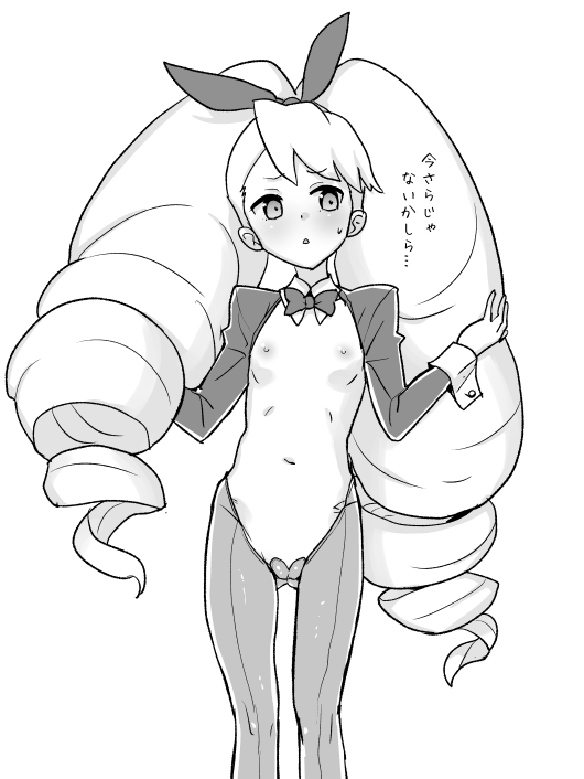 1girl animal_ears blush bow bowtie fake_animal_ears flat_chest greyscale heart_pasties heriyama loli luna_platz_(mega_man) mega_man_(series) mega_man_star_force_(series) monochrome navel nipples pasties rabbit_ears reverse_bunnysuit reverse_outfit simple_background sweatdrop white_background wrist_cuffs