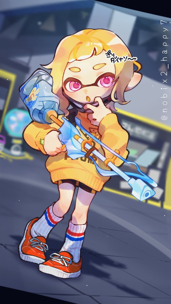 1girl :o artist_name black_mask black_shorts blonde_hair blurry blurry_background colored_tongue commentary_request dutch_angle full_body holding holding_weapon inkling inkling_girl inkling_player_character long_sleeves looking_at_viewer mask mouth_mask nintendo nobix2_happy711 open_mouth pink_eyes pointy_ears red_shoes shoes short_hair shorts sneakers socks solo splatoon_(series) splatoon_3 squiffer_(splatoon) standing sweater tentacle_hair weapon white_socks yellow_sweater yellow_tongue