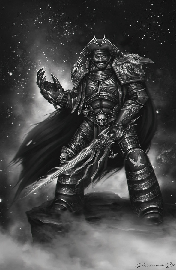 1boy armor armored_boots artist_name beard black_hair boots breastplate cape clawed_gauntlets clenched_teeth crossover facial_hair faulds flaming_sword flaming_weapon full_armor full_body gauntlets gol_d._roger greaves greyscale grin hat holding holding_sword holding_weapon looking_at_viewer monochrome mustache one_piece open_mouth ornate ornate_armor ornate_weapon pauldrons pirate pirate_hat power_armor short_hair shoulder_armor skull skull_ornament smile solo sword teeth veronica_anrathi warhammer_40k weapon